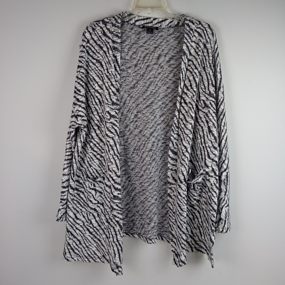 BYdesign Womens 2X White Black Zebra Print Open Front Pocket Cardigan Sweater